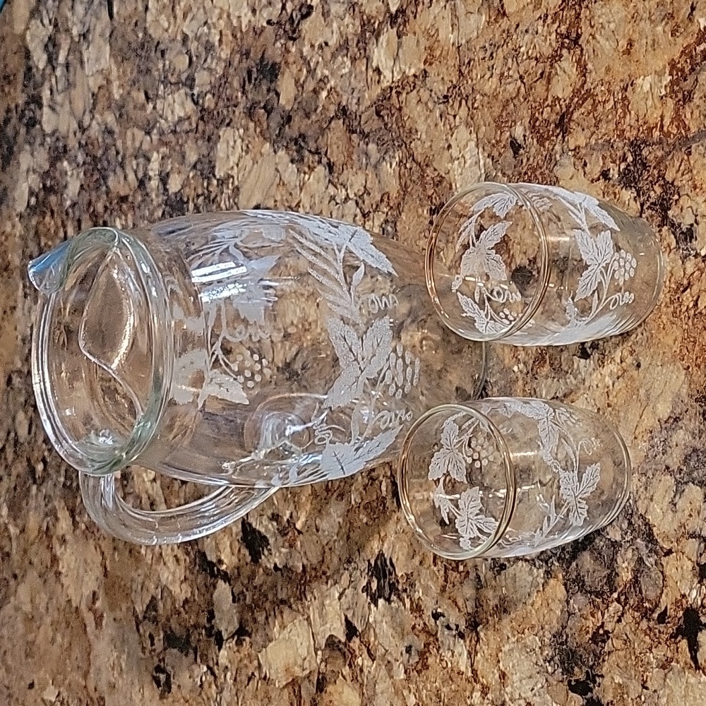 Etched pitcher & 2 glasses